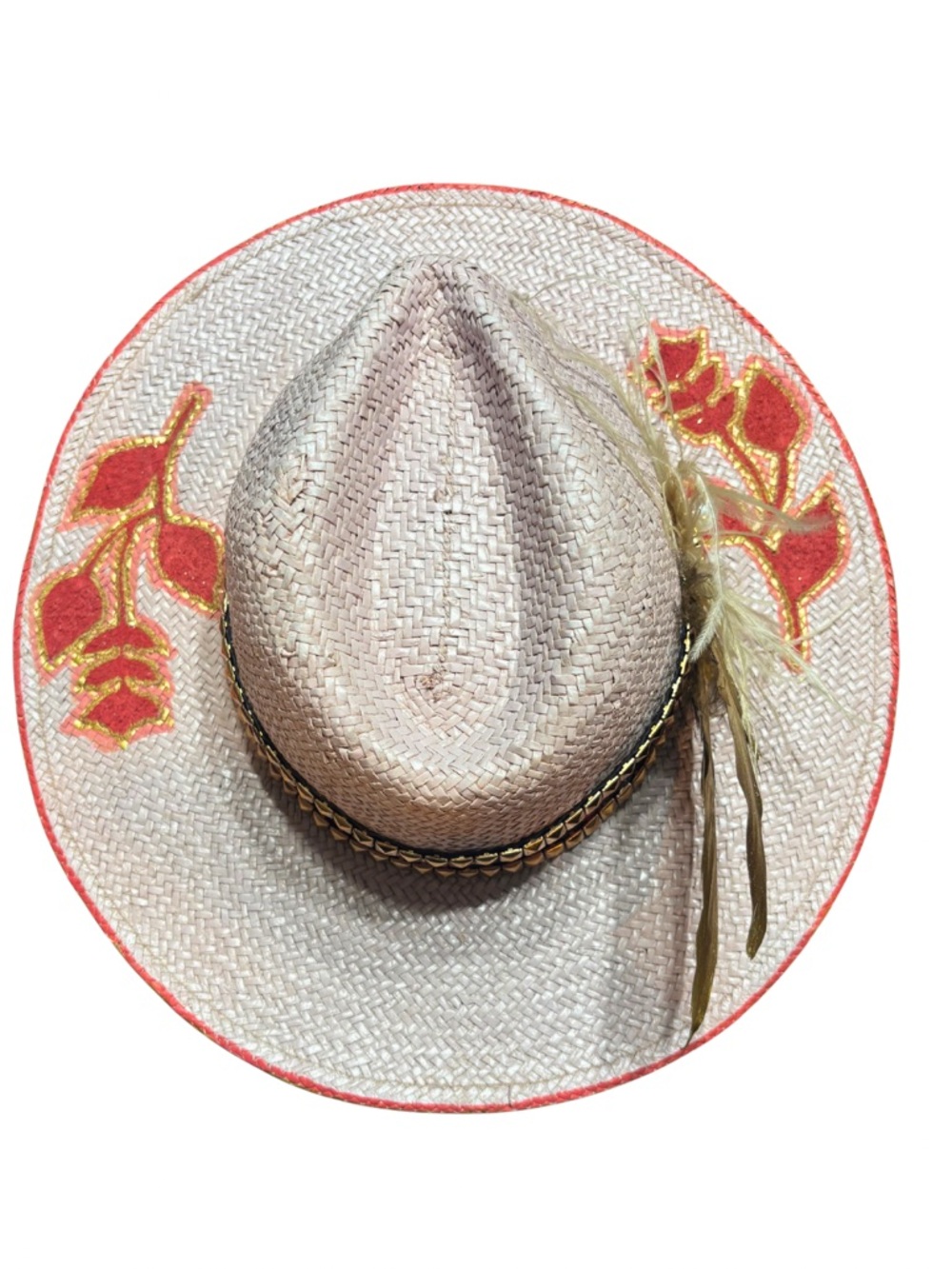 Handmade Pink Straw Sun Hat with Gold Feather Trim